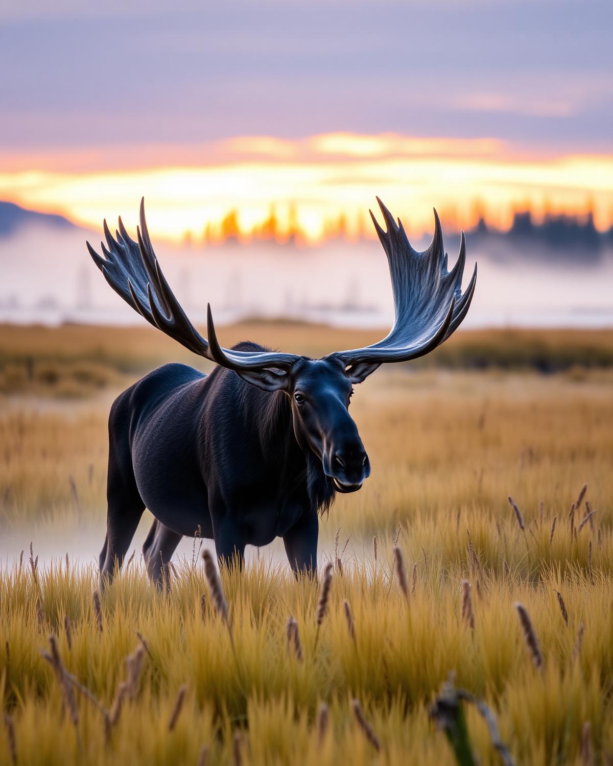 A bull moose at sunset in the Alaskan wilderness.